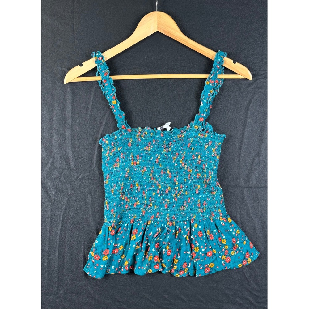Patrons of Peace Teal Floral Smocked Peplum Camisole Top Womens Size Medium
